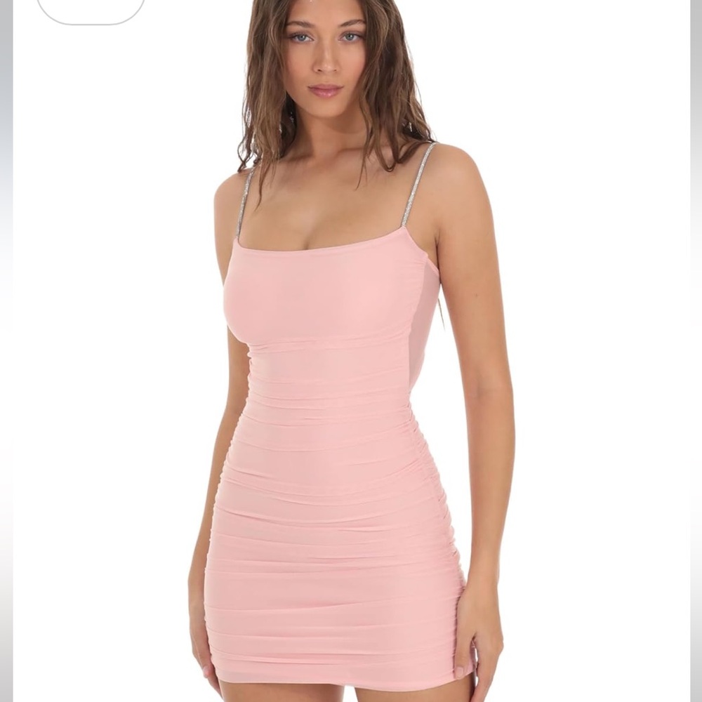 Lucy in the Sky Marsha Rhinestone Blush Pink Ruched Bodycon Mini Dress